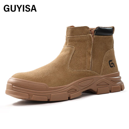 GUYISA Faux Suede Upper European Standard Steel Toe High Top Safety Shoes Yellow Brown Safety Boots