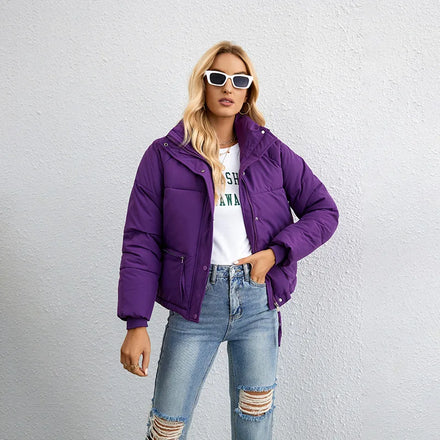 European and American Style Korean Stand-up Collar Jacket for Petite Women Simple and Loose Version Zipper Puffer Cotton Coat