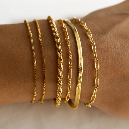 Fine Brass Jewelry Gold Plated Six-layer Chain Link Bracelet Set Paperclip + Snake + Twist Chain Gold Beaded Bracelet