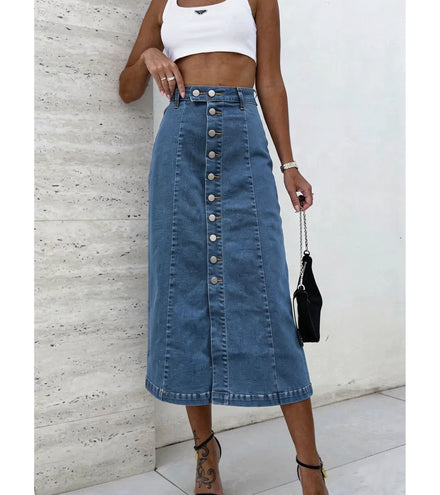 Women's Vintage High Waist Half-Length A-Line Denim Skirt Washed Sexy Slim Hip Buttons Solid for Autumn Season