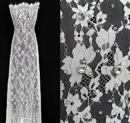 Beaded Tulle Shimmering Crystals on a White Tulle Sequins Textile