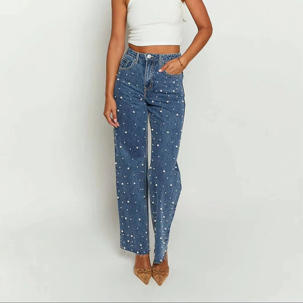 Women's Casual Designer Light Wash Straight Jeans Breathable Beaded Embroidered Denim Eco-Friendly Spring Simple Fashion Knitted