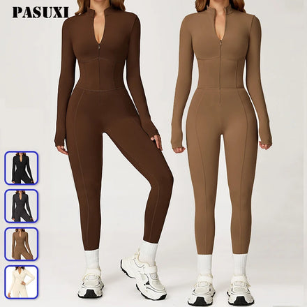 PASUXI Women's Water Resistant Breathable Eco-Friendly Gym Jumpsuit with Zipper Long Sleeve for Fitness Yoga