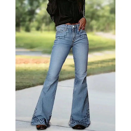 2025 Retro Western Beaded Embroidery Stretch Jeans High Waist Slim-Fit Flared Long Winter Casual Denim with Breathable Feature