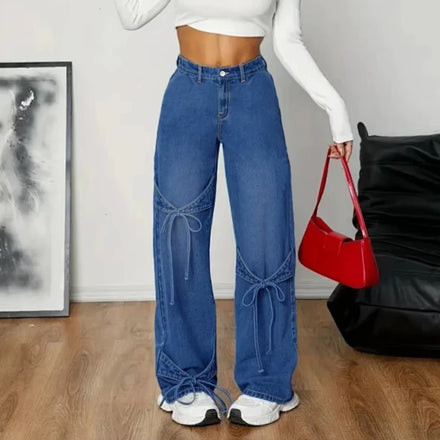 European American Women's Summer Breathable Loose Stretch Boot Cut Jeans Mid-Waist Micro-Lace Detail Logo Waist Cross-Border