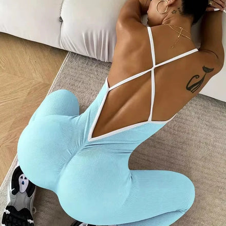 High-Elasticity Fabric Women Seamless Yoga Backless V-Neck Removable Pads ButtLifting Fitness Outdoor Sports Workouts Jumpsuit