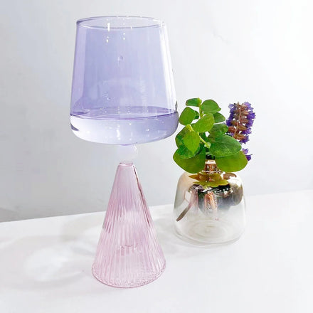 Handmade High Borosilicate Glass Goblet Pastel Purple Cup & Ribbed Pink Cone Base for Home Decor