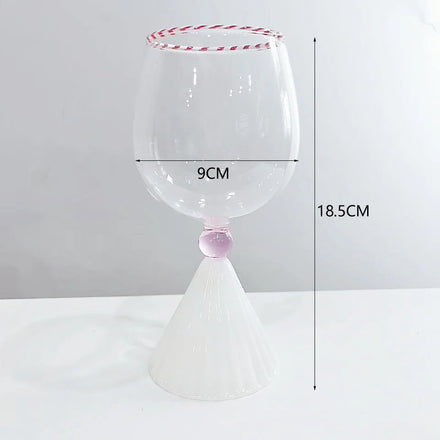 Artistic High Borosilicate Glass Goblet Clear Cup Red-White Rim Pink Bead-Decorated White Fluted Base Reusable Wine Accessory