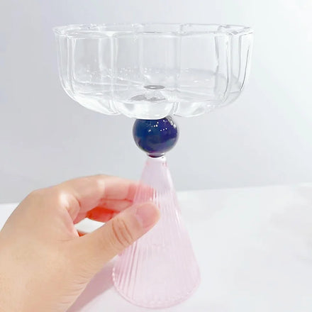 Artistic Pink Ribbed Cone Base Black Bead Decor New Design High Borosilicate Glass Goblet Dishwasher Safe Eco-Friendly for Home