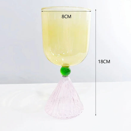Hand Blown Artistic High Borosilicate Glass Goblet Yellow Cup & Pink Fluted Cone Base with Green Bead Accent Reusable Wine Cup
