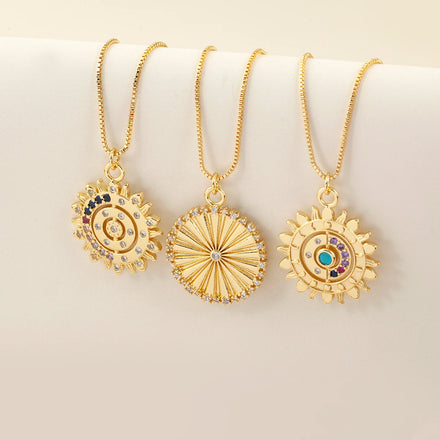 QIKU 18K Gold Filled Sun Pendant Necklace Minimalist CZ Bohemian Style Zircon Personalized Gold Plated Jewelry for Men Women