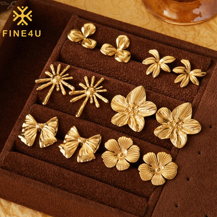 New 6 Styles Gold Plated Tarnish Free Stainless Steel Gold Flower Bow Necklace Earrings Jewelry Set for Women
