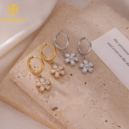 Trendy Cubic Zirconia Flower Earrings Cute Pendant Gold Plated Stainless Steel Non Tarnish Waterproof Hoop Earrings for Women