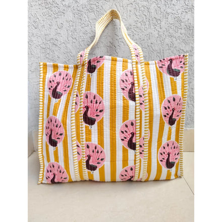 Quilted Cotton Vintage Boho Fashion Shoulder Tote Bag Peacock Printed Ethnic Shopper Light Weight Zipper Summer Winter Yellow