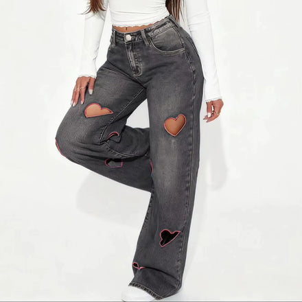 European Retro Style High Waist Wide Legs Jeans for Women Solid Color Slimming Denim Heart Cut-out Size XL for Summer Winter