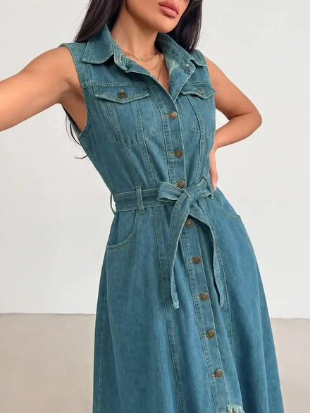 European American High Waist Straight Denim Fashionable Sleeveless Irregular Raw Edge Casual Solid Maxi Floor-Length Summer