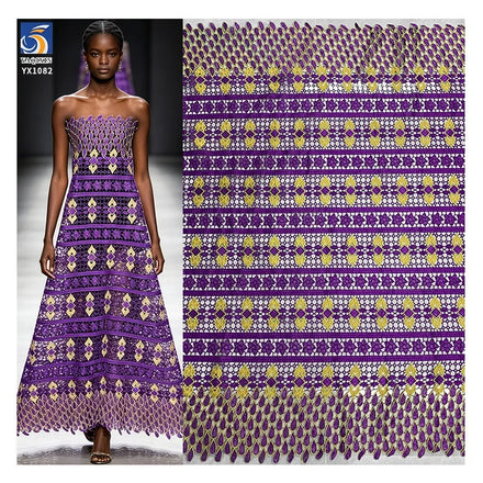 YX1082 Cheap Custom Purple Bazan Women's Ethnic Bridal Wedding Lace Embroidered Fabric Poly Water-Soluble Embroidery Lace Fabric