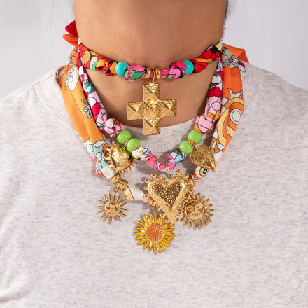 European and American Fashion Fun Silk Scarf Stainless Steel Multi-pendant Beaded Necklace Retro Niche Women's Necklace