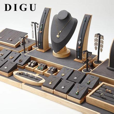 DIGU Solid Wood Jewelry Display Stand Grey Microfiber Jewelry Mannequin Display One-stop Jewelry showcase Display Prop
