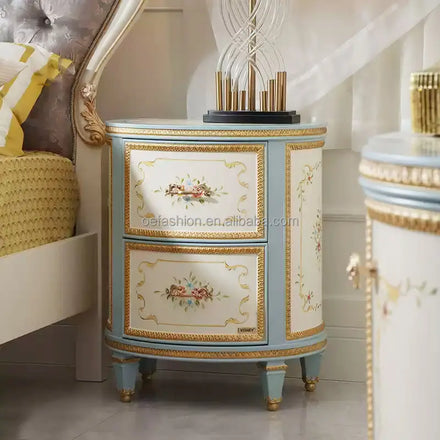 Modern French Style Hand-Carved Leather Nightstand Gold Trim Solid Wood Frame 2 Drawers Eco-Friendly Durable Bedroom Furniture
