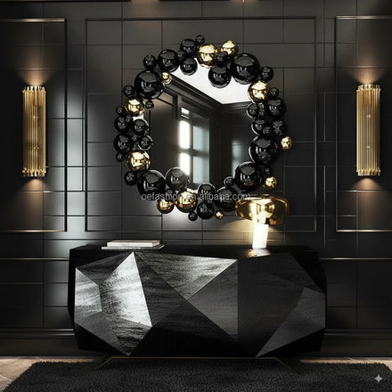 Modern Luxury Dressing Table with Black Gold Bubble Mirror Solid Wood Frame Eco-friendly Vanity Set for Living Room Furniture