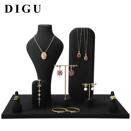DIGU Premium Black Luxury Customizable Microfiber Jewelry Display Stand & Set Elegant Window Display for Jewelry Retail Shops