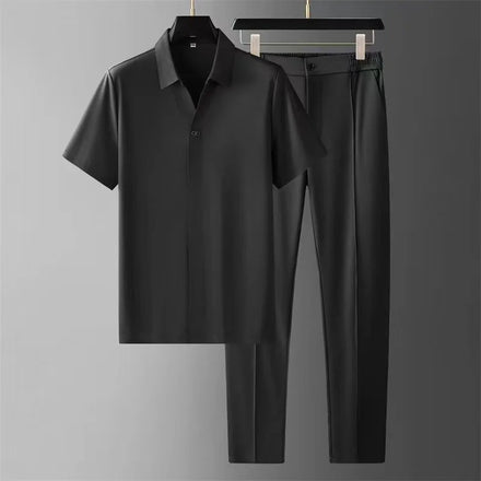 OEM custom logo embroidery printed design Summer ultra-thin silky ice silk high-end seamless glued short-sleeved shirt suit