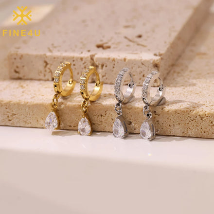 Unique Stainless Steel Pendant Earrings Dangling Gold Plated CZ Mirco Pave Charms Zircon Hoop Earrings for Women Jewelry Gift