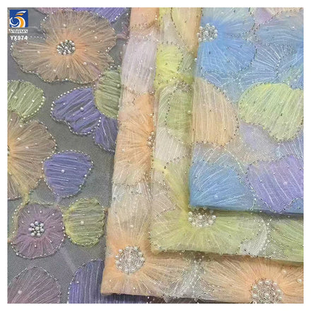 YX974 Colorful Digital Printing Big Flowers 3D Heavy Embroidery Tulle Fabric With Pearls 3D Poly Knitted Mesh Fabric Latest
