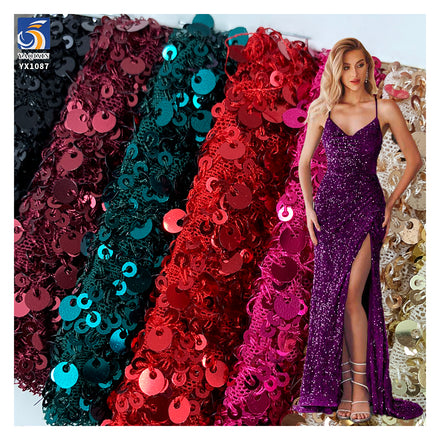 YX1087 300gsm Spandex Stretch Mesh Fabric With 3MM+5MM Sequins Embroidery Heavyweight Sparkle Sequin Fabric for Party Dress