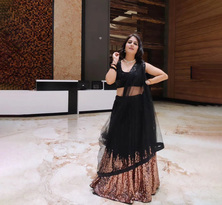 Women Lehenga Choli Dupatta Summer Winter Party Traditional Sequin Work Faux Georgette Slim Fit Reversible Stretchable