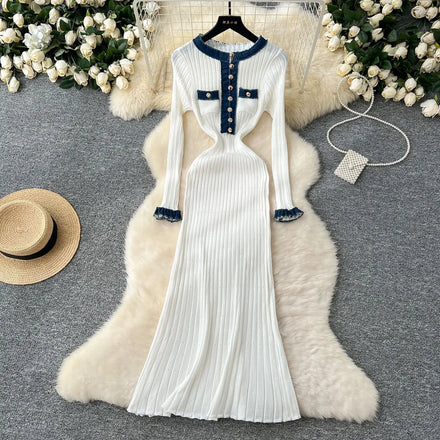 European American Style Contrast Color Crew Neck Midi/Maxi Bodycon Skirt for Women Slim-Fit Elastic Tight Metal Spring Autumn