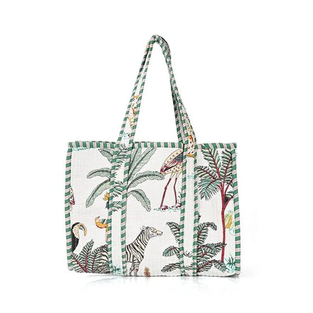 Trendy Eco-Friendly Vintage Fashion Bohemian Lady Canvas Tote Bag Zipper Colorful Safari Design Lightweight Strong Women Travel