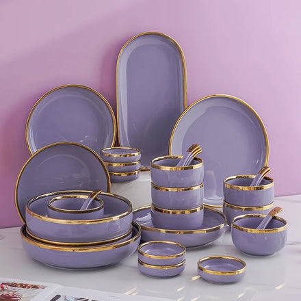 Meal set for 2-/4-/6-/8-person of Luxurious Gold-Rimmed Nordic Stylish Purple Porcelain smooth glazed dinnerware set in giftbox