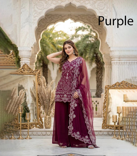 Wholesale Women's Red Georgette Salwar Kameez Sharara Suit Organza Dupatta Moti Work Reversible Winter Wedding Party Wear Custom