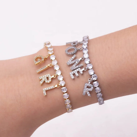 Luxury Trendy Initial Letter Tennis Bracelets Sparkling Cubic Zirconia Alphabet Charm Unisex Hip Hop Inspired Statement Jewelry