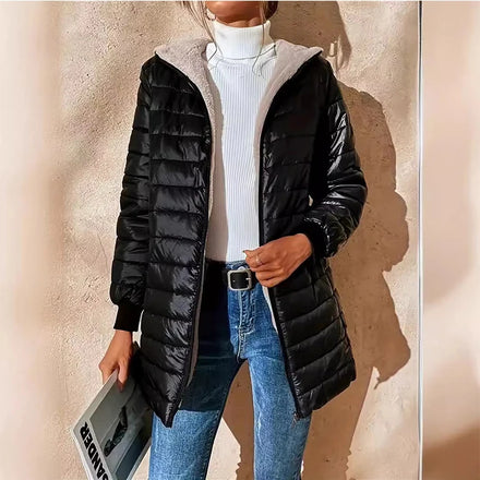 Cross-Border Bestseller: Euro-American Mid-Length Women's Cotton Coat Loose Fit with Hood Fleece-Lined & Quilted