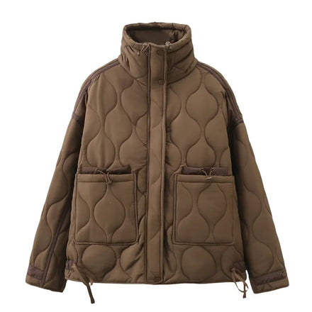 Women's New Loose High-Neck Lightweight Quilted Cotton Jacket - Contrast Color Casual Versatile for Autumn & Winter