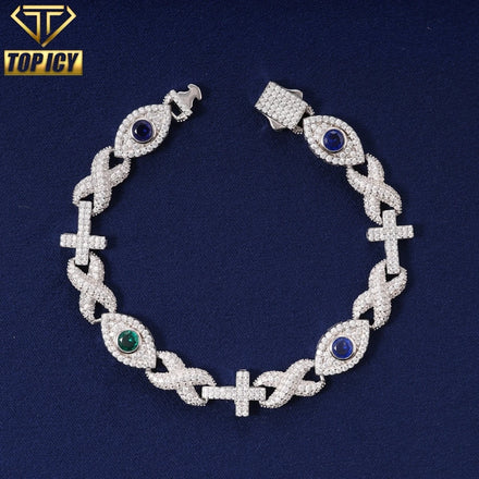 Men's Hip Hop Jewelry Fashionable Sterling Silver 925 Infinity Cross Evil Eye Cuban Bracelet Iced VVS Moissanite Diamond Gift