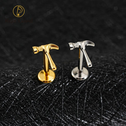 Right Grand ASTM F136 Titanium Internal Thread Nail Hammer Flat Back Stud Earring 16G Helix Tragus Cartilage Lip Piercing