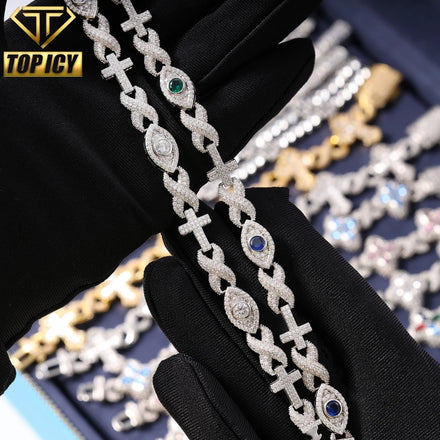 Hip Hop Style Sterling Silver 925 Iced VVS Moissanite Diamond Infinity Cross Evil Eye Cuban Bracelet Gift