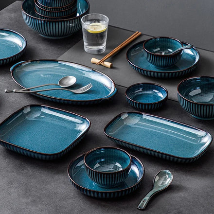 Hot-selling Luxury Blue Striped Porcelain Dinnerware Sets Custom Made BPA Free Eco-Friendly Hotel Restaurant Tableware