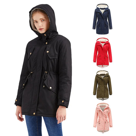 2026 European Size Autumn & Winter New Women's Export Cotton Coat - Solid Color Hooded Parka Thick Fleece-Lined Padded Jacket