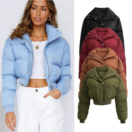 Cross-border 2026 Winter European-American Fashion Short Slim Lapel Solid Color Long-Sleeve Zip Cotton Coat