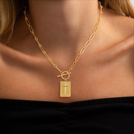 Fashion Gold Paperclip Chain Necklace Stainless Steel Cross Square Pendant Beach Necklace Women's OT Buckle Faith Necklace