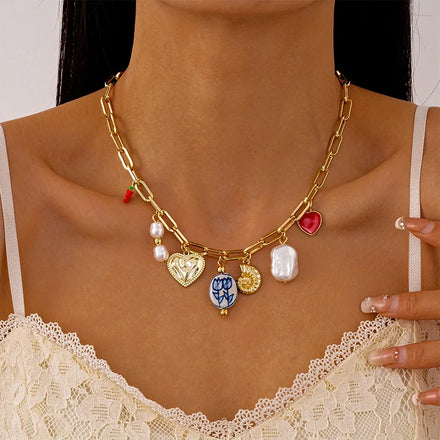 European-American Style Imitation Pearl Beads Heart Pendant Necklace Copper Alloy Silver Plated Link for Women Party Occasion