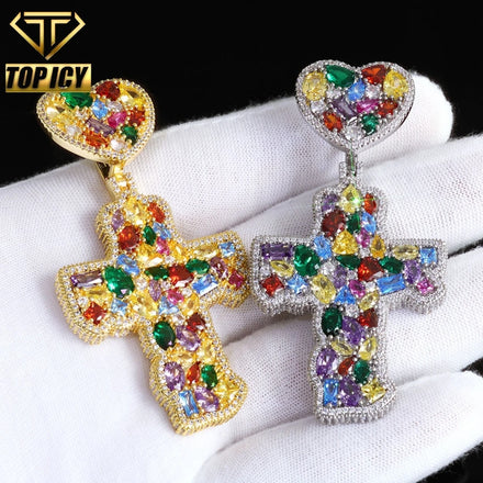 New Arrival Men's Women's Hip Hop Style Necklace Colorful Gemstone Zircon Cross Pendant Fashionable Brass Heart-Clasp Gold