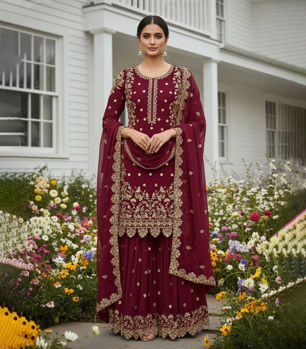 Stitched Sharara Gharara Indian Embroidery Work Traditional Ethnic 3-Piece Set Georgette Silk Winter Summer Wedding Diwali