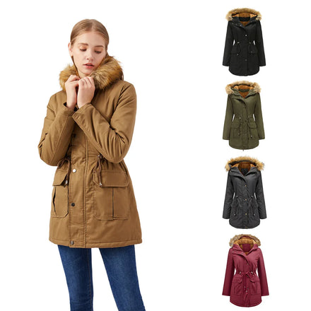 New European Size Fleece-Lined Cotton Coat with Hood & Fur Collar - Winter Warm Plus-Size Women's Padded Coat