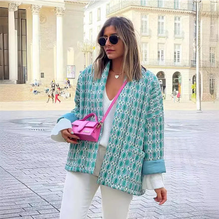 Autumn & Winter European & American Stylish Printed Retro Color-Block Casual Warm Cotton Coat Wholesale
